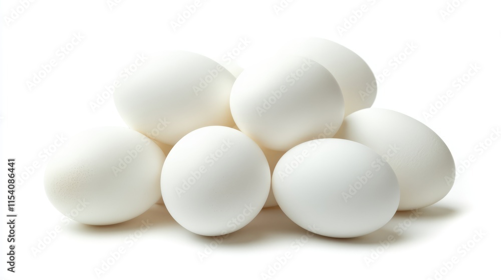 Fresh white eggs stacked on a white background emphasizing their natural simplicity and culinary versatility for various recipes and dishes. Fresh white eggs stacked on a white background emphasizing their natural simplicity and culinary versatility for various recipes and dishes.