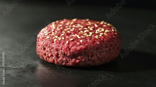 Freshly shaped raw hamburger patty on a dark background featuring sesame seeds for texture and visual appeal. Ideal for culinary presentations. photo