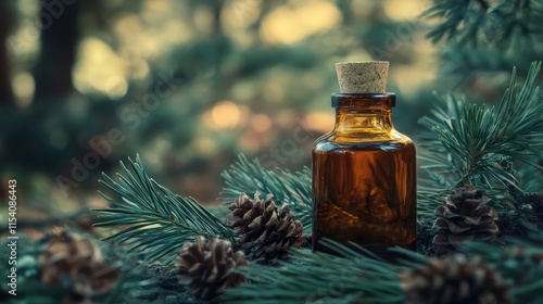 Pine Tree Needle and Bark Extract in Bottle with Natural Background Space for Label or Text