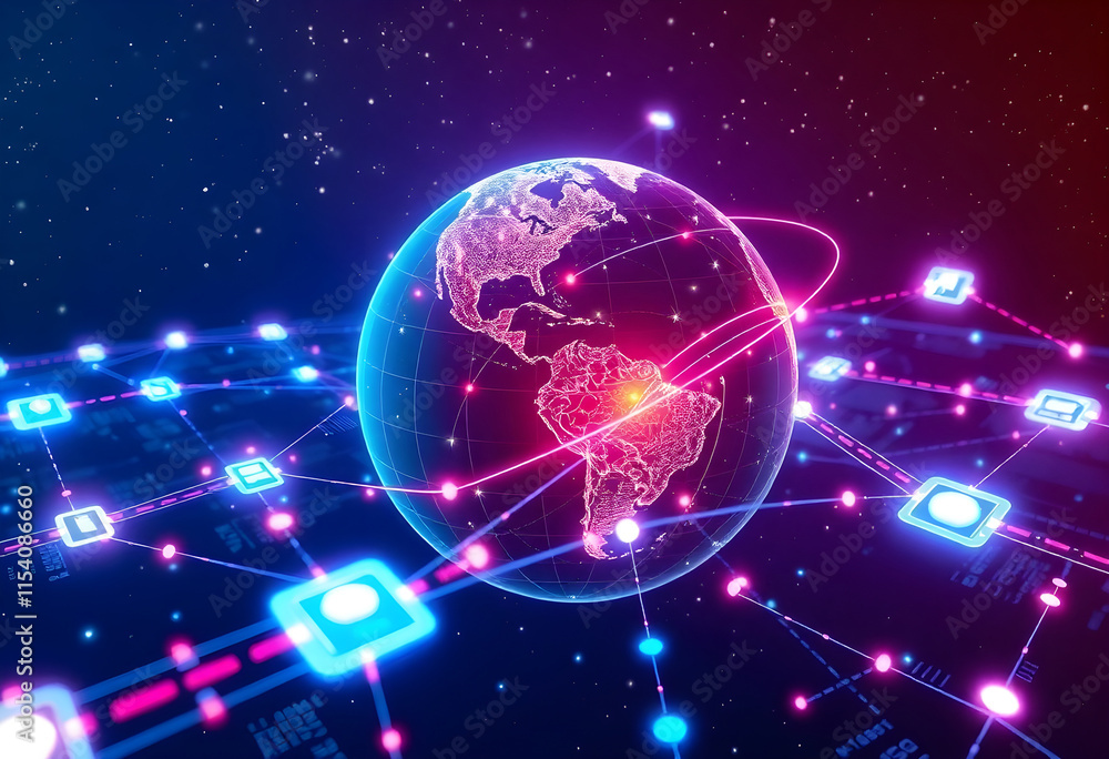Intricate neon global value chains connecting manufacturers, suppliers, and distributors across borders - conceptual illustration of international trade and supply chains Intricate neon global value chains connecting manufacturers, suppliers, and distributors across borders - conceptual illustration of international trade and supply chains