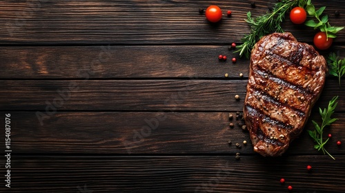 Grilled steak with herbs and cherry tomatoes on dark wooden background for gourmet cuisine and culinary design. photo