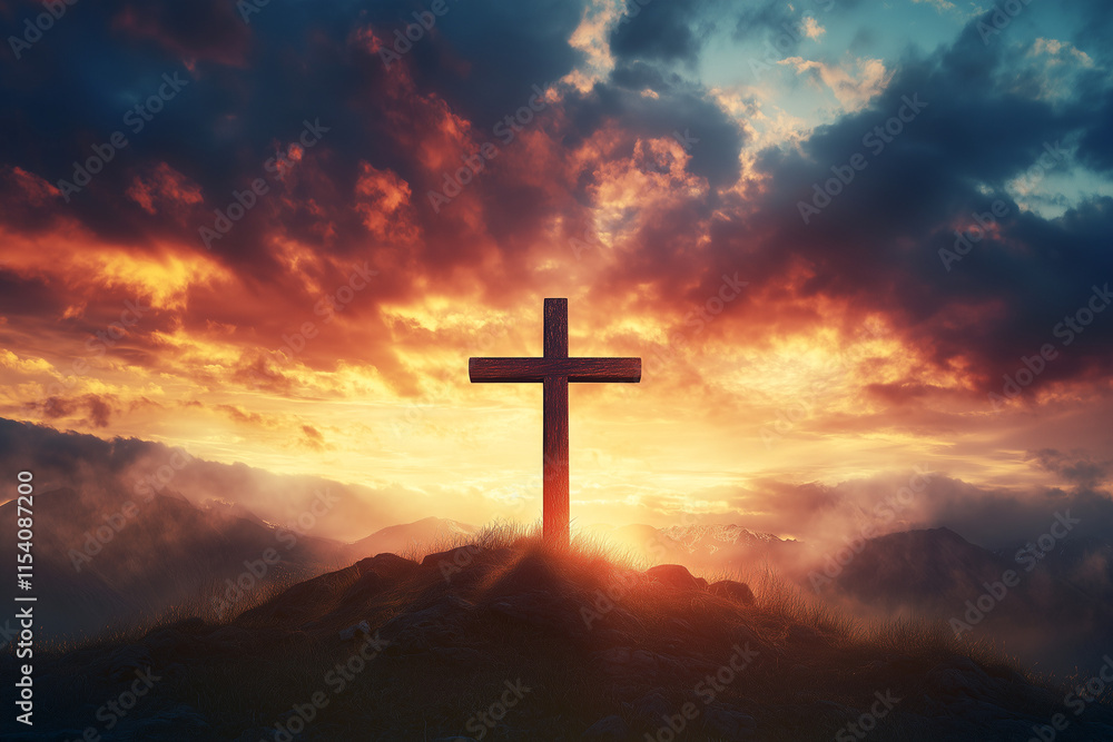 Dramatic Christian Cross at Sunset with Dark Clouds and Sunbeams Depicting Resurrection and Easter Spirituality Dramatic Christian Cross at Sunset with Dark Clouds and Sunbeams Depicting Resurrection and Easter Spirituality