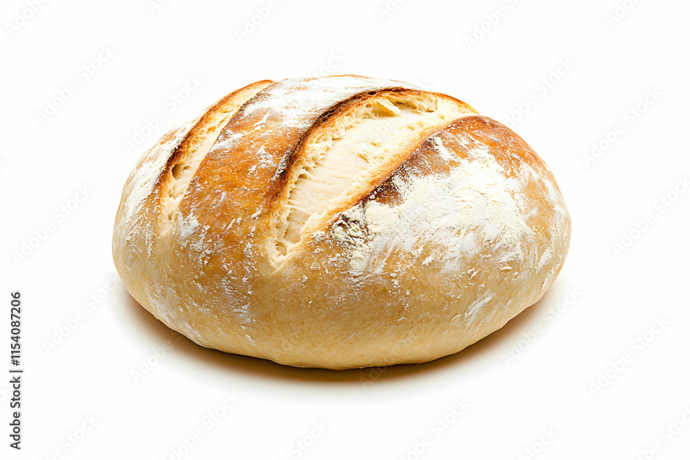 Freshly Baked Round Bread with Crispy Crust and Flour Dust on White Background Freshly Baked Round Bread with Crispy Crust and Flour Dust on White Background