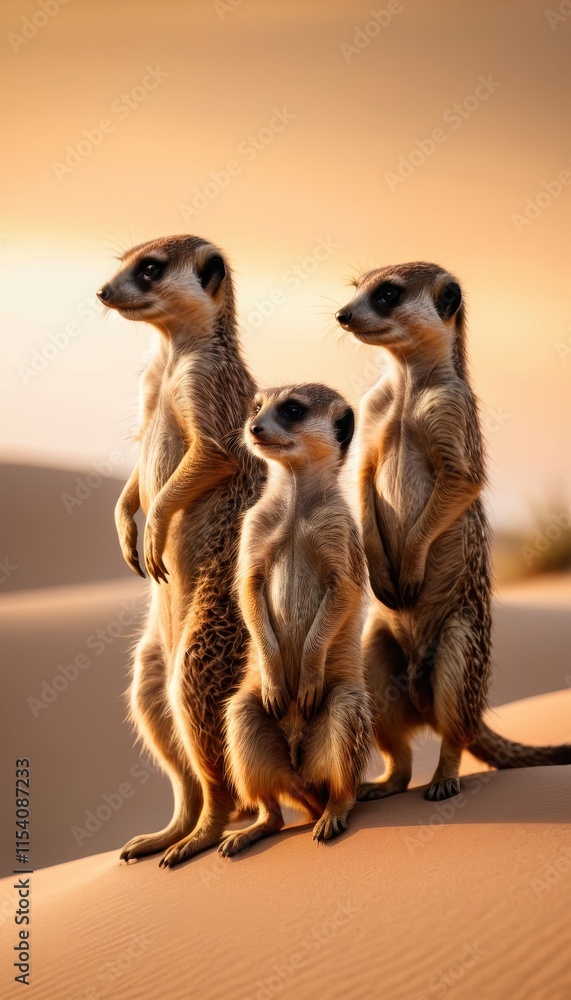 Fototapeta premium A group meerkats sitting together on a sandy dune, basking in the warm desert light. A perfect capture of their social bond and curious expressions