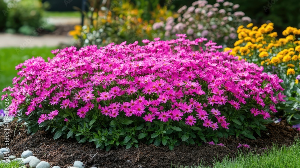 Vibrant pink asters in a flowerbed showcasing a colorful garden scene with lush foliage and blooming flowers in the background Vibrant pink asters in a flowerbed showcasing a colorful garden scene with lush foliage and blooming flowers in the background