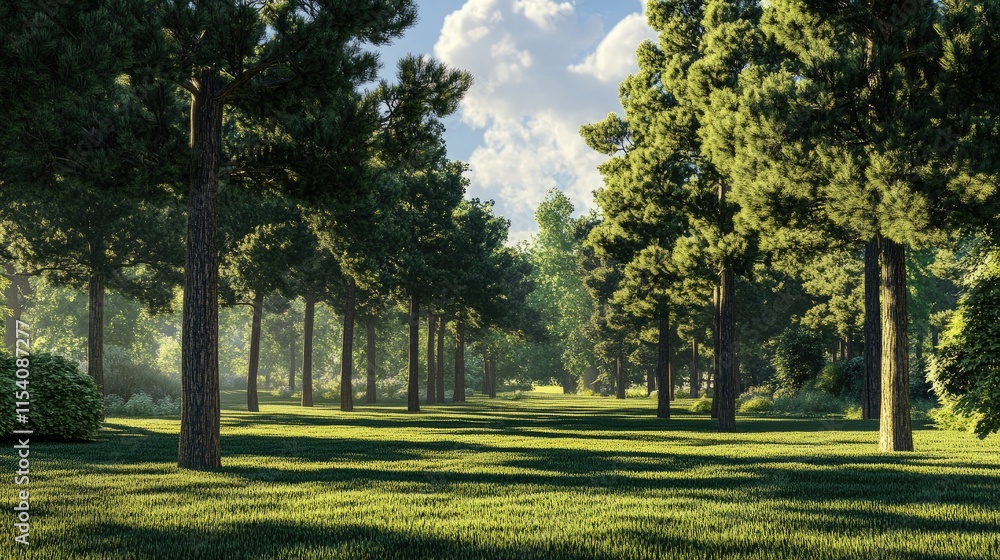 Obraz premium Lush green pines lining a serene park pathway surrounded by vibrant foliage and dappled sunlight creating a tranquil outdoor atmosphere