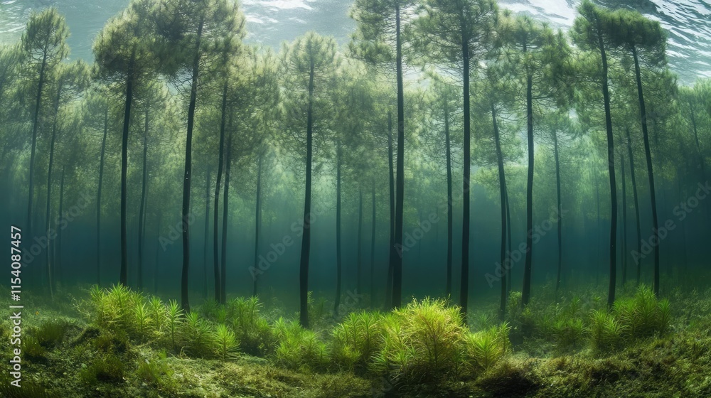 Underwater pine forest in Northwest Java showcasing lush greenery and serene aquatic environment illuminated by natural light Underwater pine forest in Northwest Java showcasing lush greenery and serene aquatic environment illuminated by natural light