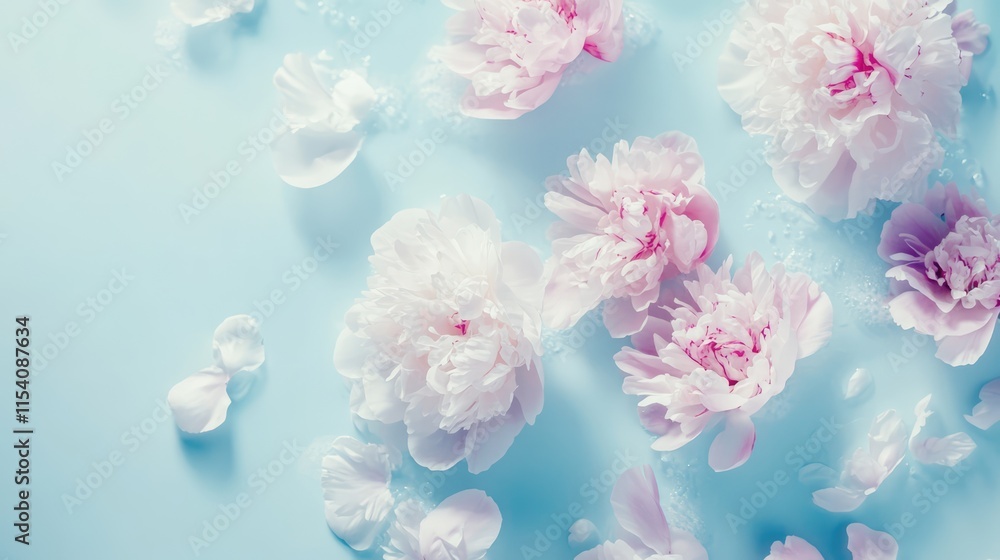 Delicate pink and white peonies on soft blue background soft focus floral arrangement with petals and copy space for seasonal designs Delicate pink and white peonies on soft blue background soft focus floral arrangement with petals and copy space for seasonal designs