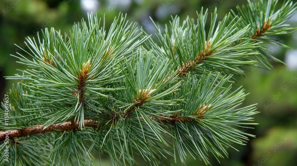 Close up view of a pine tree branch featuring vibrant green needles and fresh buds in a natural setting Close up view of a pine tree branch featuring vibrant green needles and fresh buds in a natural setting