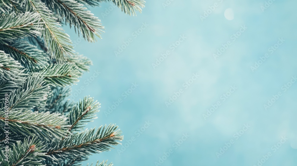 Frosted pine branches framing a serene blue sky for winter or holiday themed designs with ample copy space Frosted pine branches framing a serene blue sky for winter or holiday themed designs with ample copy space