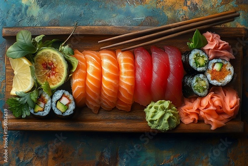 Sushi assortment on wooden board. photo