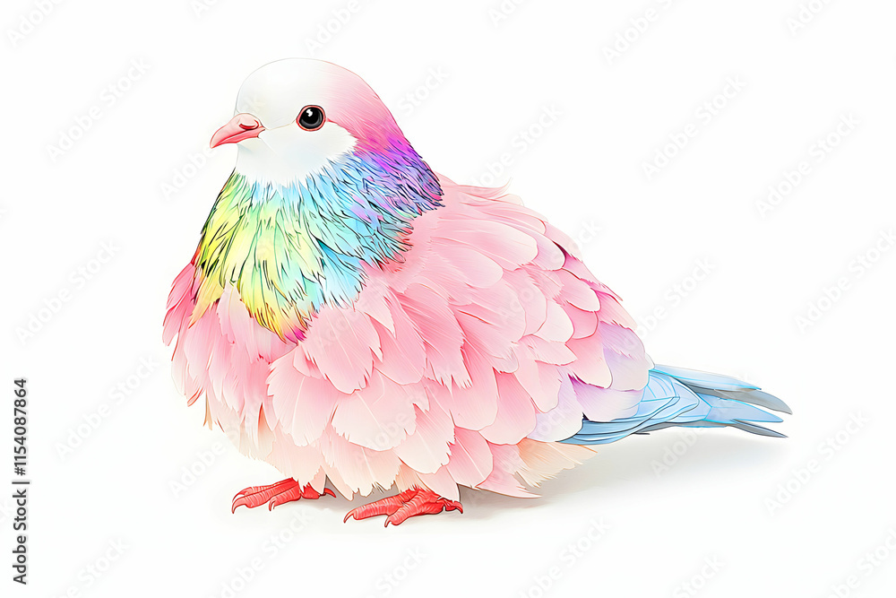 Obraz premium Beautiful pastel-colored bird with vibrant feathers, showcasing a unique blend of pink, blue, and rainbow hues on a white background