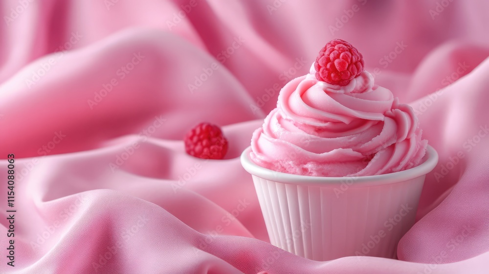 Raspberry Ripple Ice Cream in Cup Surrounded by Soft Pink Fabric and Fresh Raspberries Raspberry Ripple Ice Cream in Cup Surrounded by Soft Pink Fabric and Fresh Raspberries