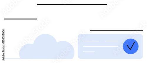 Cloud with checkmark inside rectangular form, simple lines. Ideal for cloud security, online services, data verification, tech, software, validation compliance themes. Line metaphor