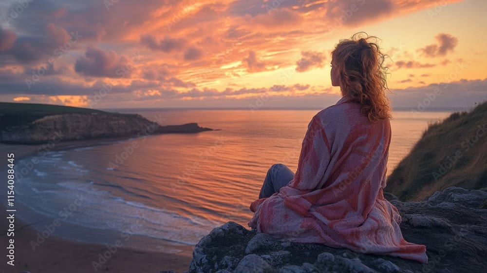 A woman relaxes by the ocean as the sun sets, casting a warm glow over the calm waters and creating a peaceful evening atmosphere. A woman relaxes by the ocean as the sun sets, casting a warm glow over the calm waters and creating a peaceful evening atmosphere.