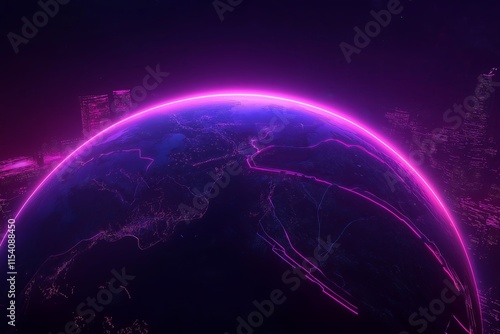 A futuristic design of a glowing planet with neon-colored accents