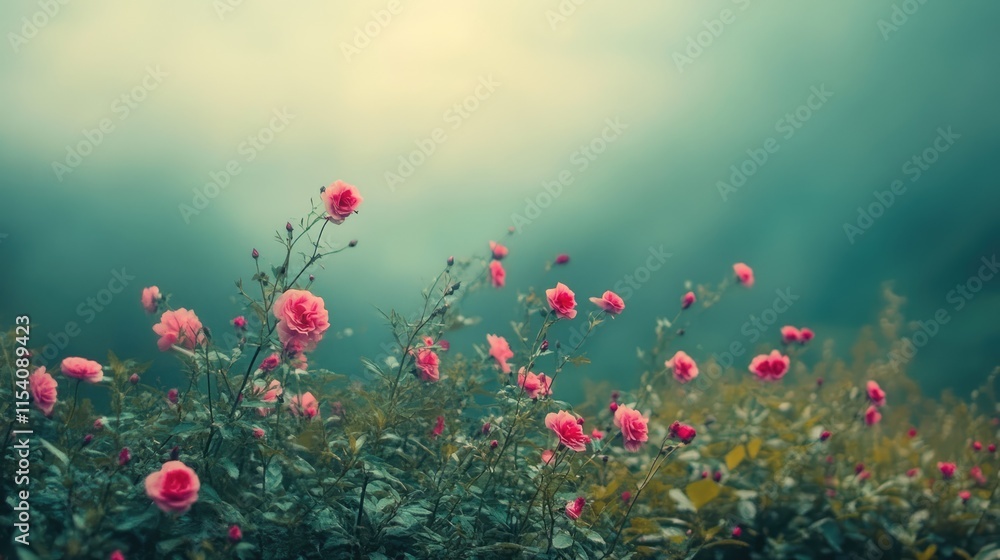 Fototapeta premium Serene floral landscape with blooming pink roses under a moody sky capturing the essence of untouched natural beauty.