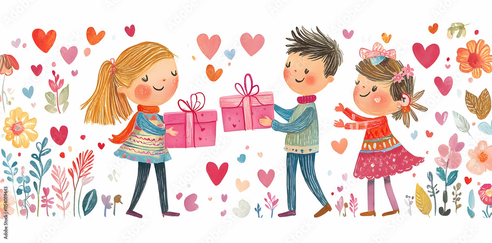 Three children joyfully exchanging gifts surrounded by hearts and flowers. Three children joyfully exchanging gifts surrounded by hearts and flowers.