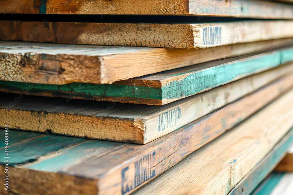 Close-Up View of Stacked Wooden Boards with Distinct Grain Patterns and Textures in a Carpentry Workshop Close-Up View of Stacked Wooden Boards with Distinct Grain Patterns and Textures in a Carpentry Workshop