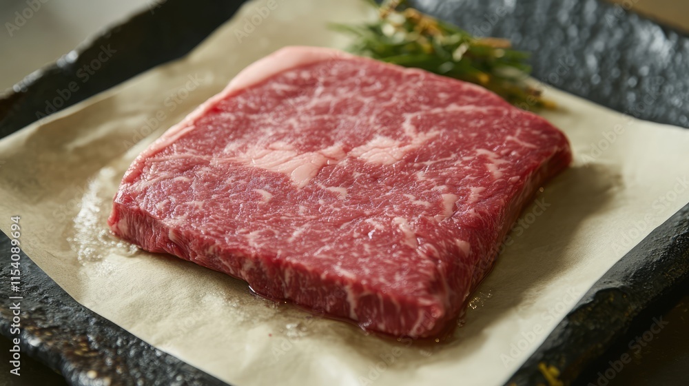 Raw marbled beef steak displayed on parchment paper with fresh herbs ready for cooking or grilling in a gourmet kitchen setting. Raw marbled beef steak displayed on parchment paper with fresh herbs ready for cooking or grilling in a gourmet kitchen setting.
