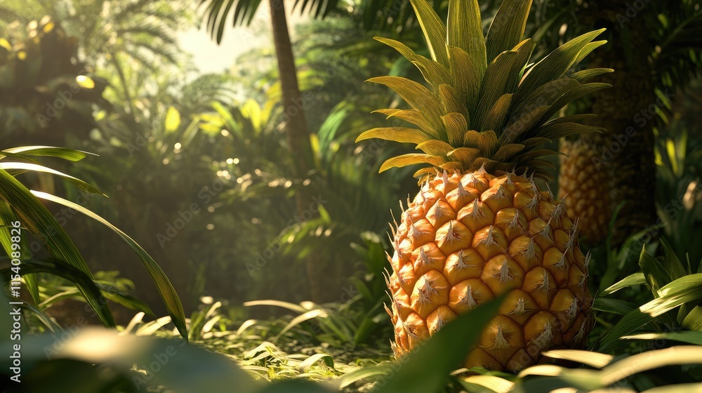 Tropical pineapple in lush green jungle setting with warm sunlight filtering through foliage creating a serene and vibrant atmosphere Tropical pineapple in lush green jungle setting with warm sunlight filtering through foliage creating a serene and vibrant atmosphere