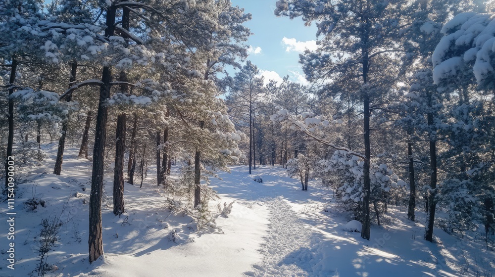 Pine trees blanketed in fresh snow create a serene winter landscape in a bright mountain forest. Pine trees blanketed in fresh snow create a serene winter landscape in a bright mountain forest.