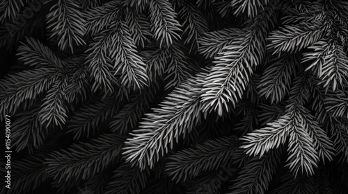 Pine tree needle leaves texture in black and white close up for nature and design concepts