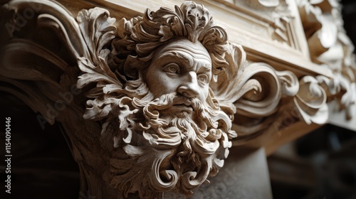 Exquisite carved architectural detail showcasing a classical figure with ornate foliage and intricate craftsmanship in a historic setting photo