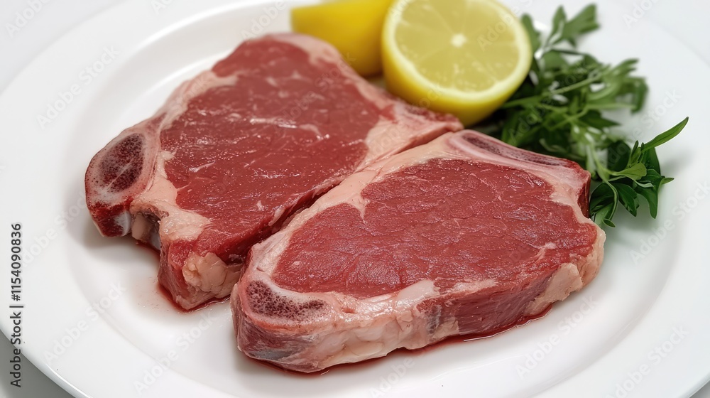 Freshly prepared raw meat cuts ready for cooking garnished with lemon and herbs on a white plate for steak recipes. Freshly prepared raw meat cuts ready for cooking garnished with lemon and herbs on a white plate for steak recipes.