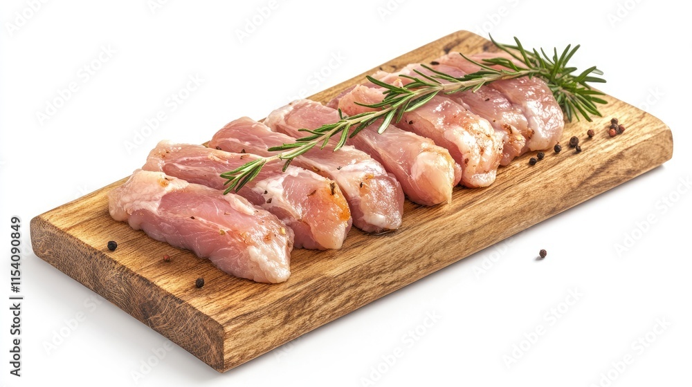 Fresh raw chicken slices garnished with rosemary arranged on a wooden cutting board isolated on a white background for culinary presentation Fresh raw chicken slices garnished with rosemary arranged on a wooden cutting board isolated on a white background for culinary presentation