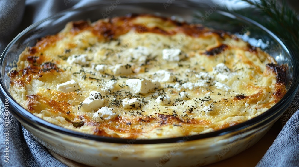Ossetian pie filled with creamy feta cheese and herbs served in a glass dish on a textured background Ossetian pie filled with creamy feta cheese and herbs served in a glass dish on a textured background
