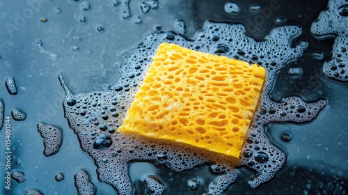 Yellow sponge on car surface during outdoor wash with soap bubbles creating a clean and bright atmosphere perfect for automotive cleaning scenes photo