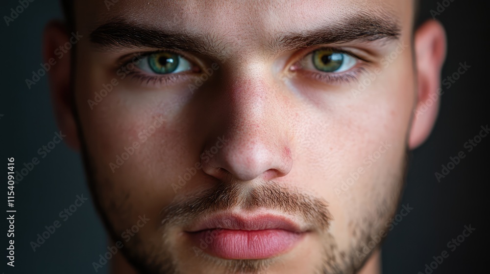 Fototapeta premium Intense close-up portrait of a young man with striking green eyes and a thoughtful expression against a muted background