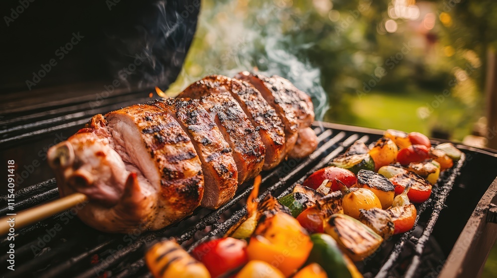 Succulent pork roasting on a barbecue grill with colorful roasted vegetables in a vibrant outdoor setting perfect for summer gatherings Succulent pork roasting on a barbecue grill with colorful roasted vegetables in a vibrant outdoor setting perfect for summer gatherings