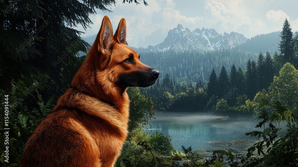 Naklejka premium Majestic Dog in Serene Natural Landscape with Mountains and Lake