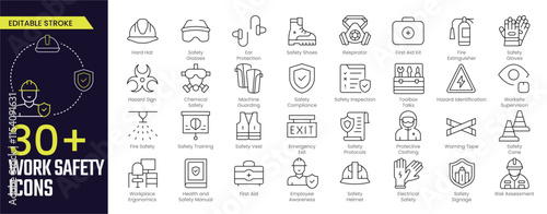Work Safety Stroke icon collections. Containing Hard Hat, Safety Compliance, First Aid Kit, Safety Vest, Emergency Exit, Training, Protective Clothing, and more icons. Editable Stroke icon collection