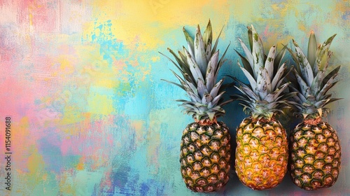 Tropical pineapples against a vibrant pastel background showcasing the essence of summer and fruity freshness. photo