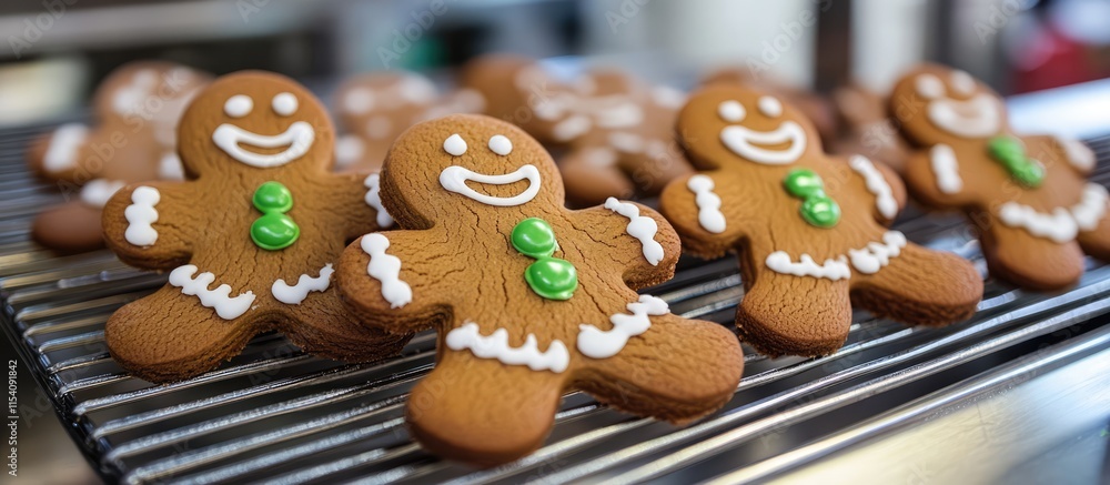 Festive gingerbread cookies cooling on a rack with smiling faces and colorful decorations in a warm kitchen setting Festive gingerbread cookies cooling on a rack with smiling faces and colorful decorations in a warm kitchen setting