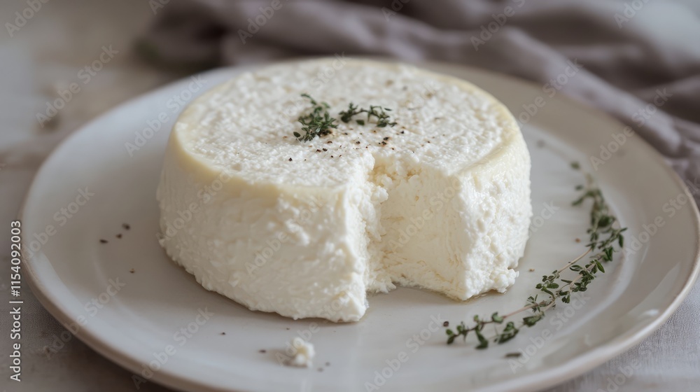 Creamy Oven Baked Ricotta Cheese Served on a White Plate with Fresh Herbs and a Bite Taken Out Creamy Oven Baked Ricotta Cheese Served on a White Plate with Fresh Herbs and a Bite Taken Out