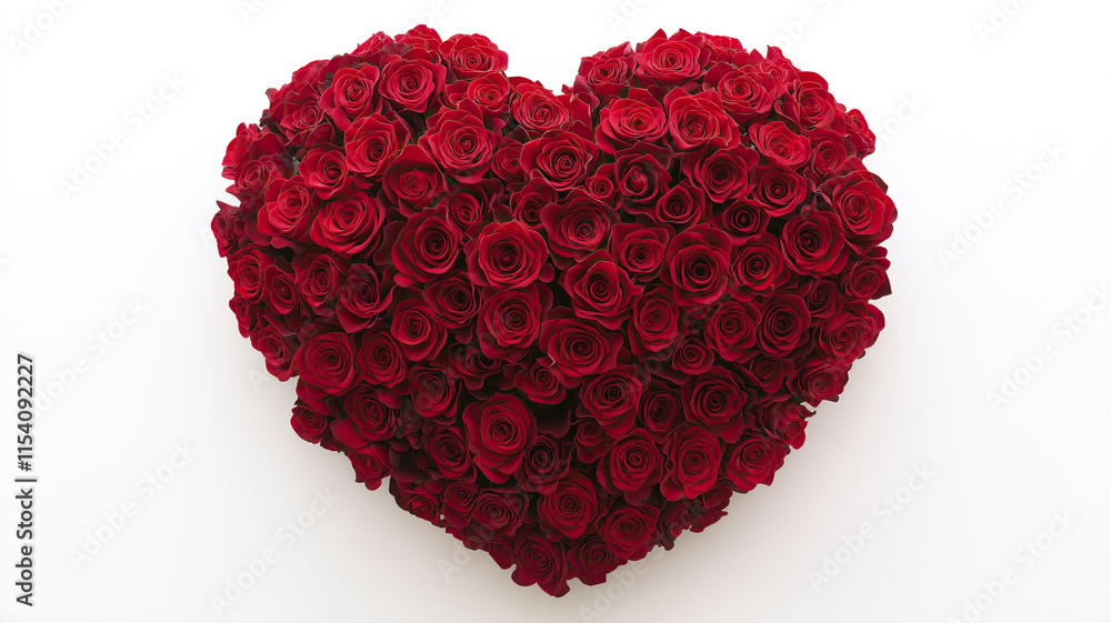 Heart made of red roses on a white background with soft shadows and vibrant colors Heart made of red roses on a white background with soft shadows and vibrant colors