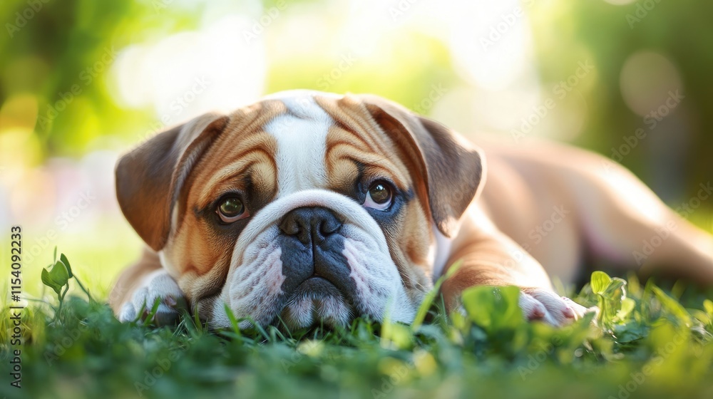Playful bulldog lounging on grass in a sunlit outdoor setting, showcasing a relaxed and adorable expression. Playful bulldog lounging on grass in a sunlit outdoor setting, showcasing a relaxed and adorable expression.
