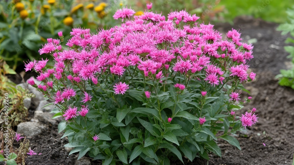Obraz premium Vibrant pink aster flowers blooming densely in a colorful garden flowerbed during the spring season
