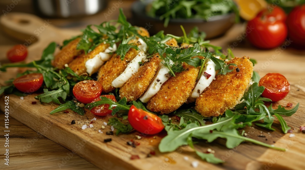 Oven baked breaded chicken nuggets with mozzarella arugula and tomatoes served on a wooden cutting board in a rustic kitchen setting Oven baked breaded chicken nuggets with mozzarella arugula and tomatoes served on a wooden cutting board in a rustic kitchen setting