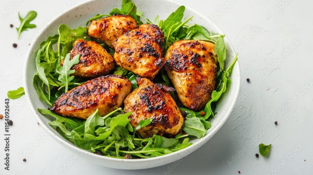 Oven baked chicken thighs served on a bed of fresh greens in a white bowl close up gourmet dish on light background Oven baked chicken thighs served on a bed of fresh greens in a white bowl close up gourmet dish on light background