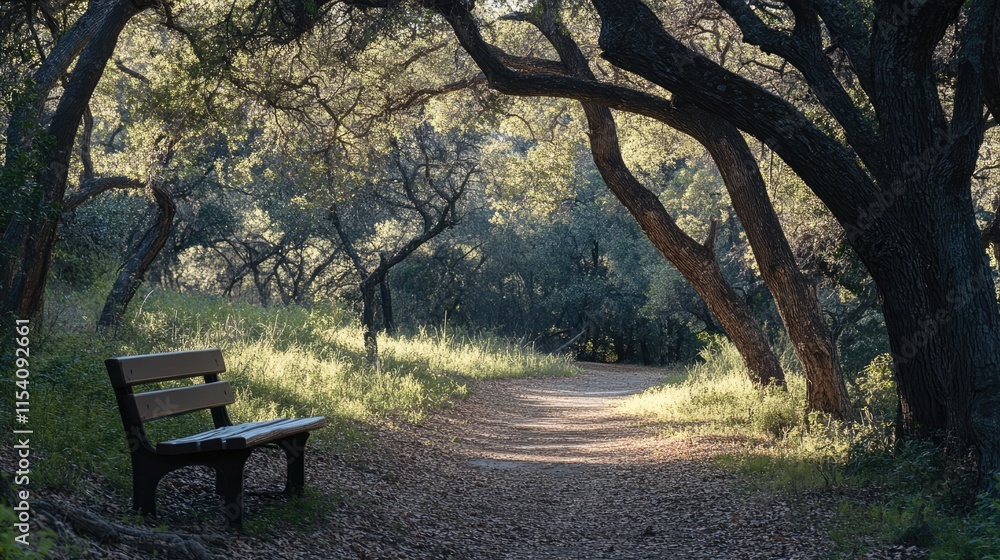 Serene park bench nestled along a forest trail surrounded by lush greenery and majestic trees in soft natural light Serene park bench nestled along a forest trail surrounded by lush greenery and majestic trees in soft natural light
