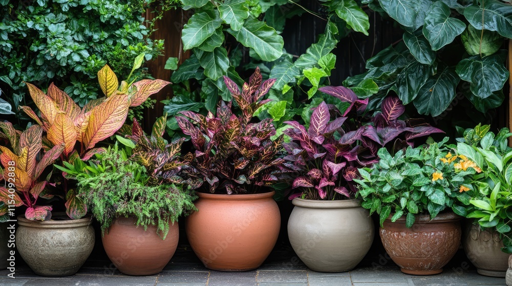 Vibrant ornamental plants arranged in decorative large flower pots amidst lush green foliage in a tranquil outdoor setting. Vibrant ornamental plants arranged in decorative large flower pots amidst lush green foliage in a tranquil outdoor setting.