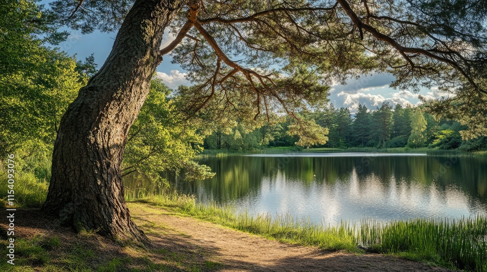 Scenic pine tree by tranquil lake surrounded by lush greenery in a historic garden setting during a serene daytime atmosphere. Scenic pine tree by tranquil lake surrounded by lush greenery in a historic garden setting during a serene daytime atmosphere.