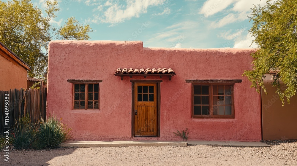 Charming pink adobe house with wooden door surrounded by greenery under a blue sky in a serene neighborhood setting Charming pink adobe house with wooden door surrounded by greenery under a blue sky in a serene neighborhood setting
