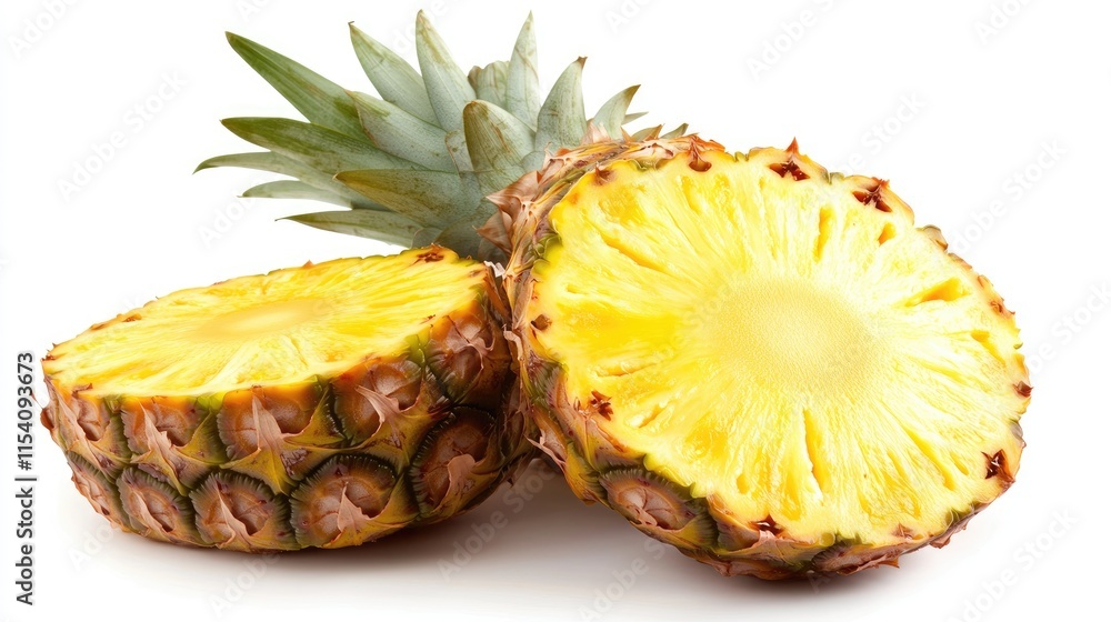 Fresh pineapple sliced on white background showcasing vibrant yellow flesh and green spiky crown for healthy food concept or tropical theme Fresh pineapple sliced on white background showcasing vibrant yellow flesh and green spiky crown for healthy food concept or tropical theme