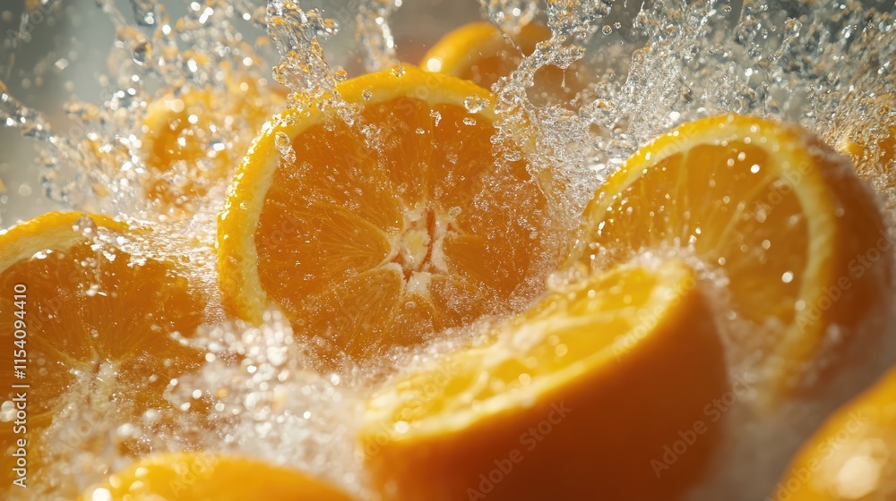 Freshly squeezed oranges with splashing water in a vibrant overhead view showcasing citrus freshness and juiciness. Freshly squeezed oranges with splashing water in a vibrant overhead view showcasing citrus freshness and juiciness.